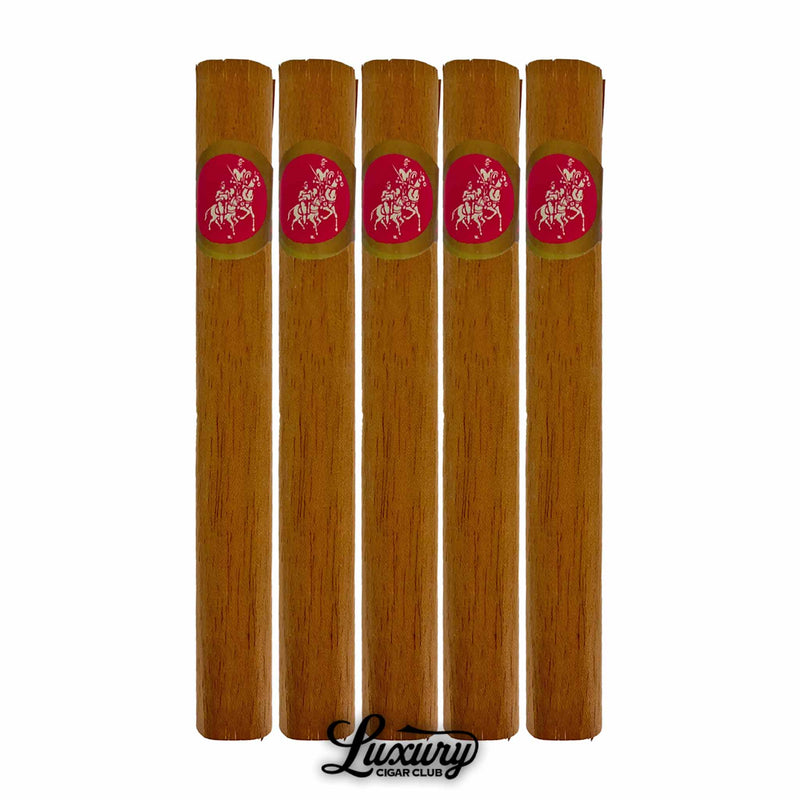 Five-pack of Don Quijote No. 5 cigars with light brown wrappers and pink bands, displayed upright with Luxury Cigar Club branding
