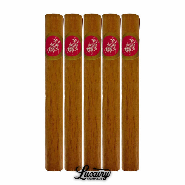 Five-pack of Don Quijote No. 5 cigars with light brown wrappers and pink bands, displayed upright with Luxury Cigar Club branding