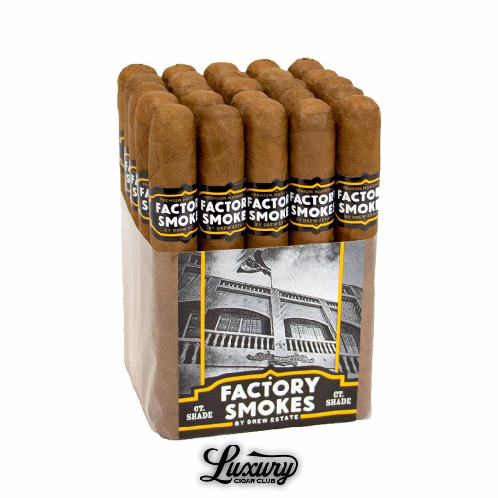 Drew Estate Factory Smokes Shade cigars bundle featuring smooth Connecticut Shade wrappers and bold black-and-yellow branding, presented by Luxury Cigar Club.