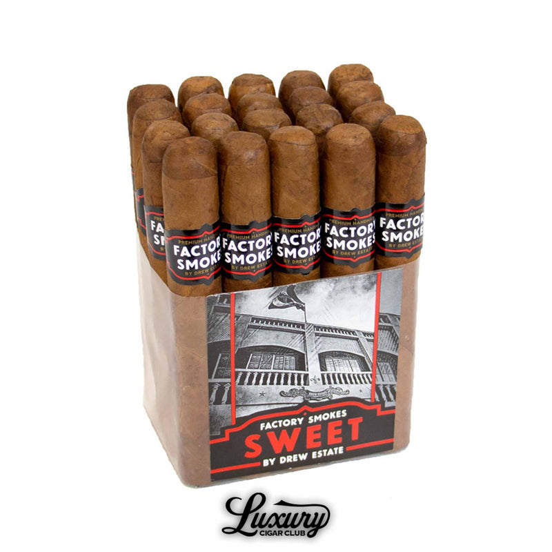 Bundle of Drew Estate Factory Smokes Sweet cigars standing upright with brown wrappers and black Factory Smokes bands, photographed for Luxury Cigar Club.