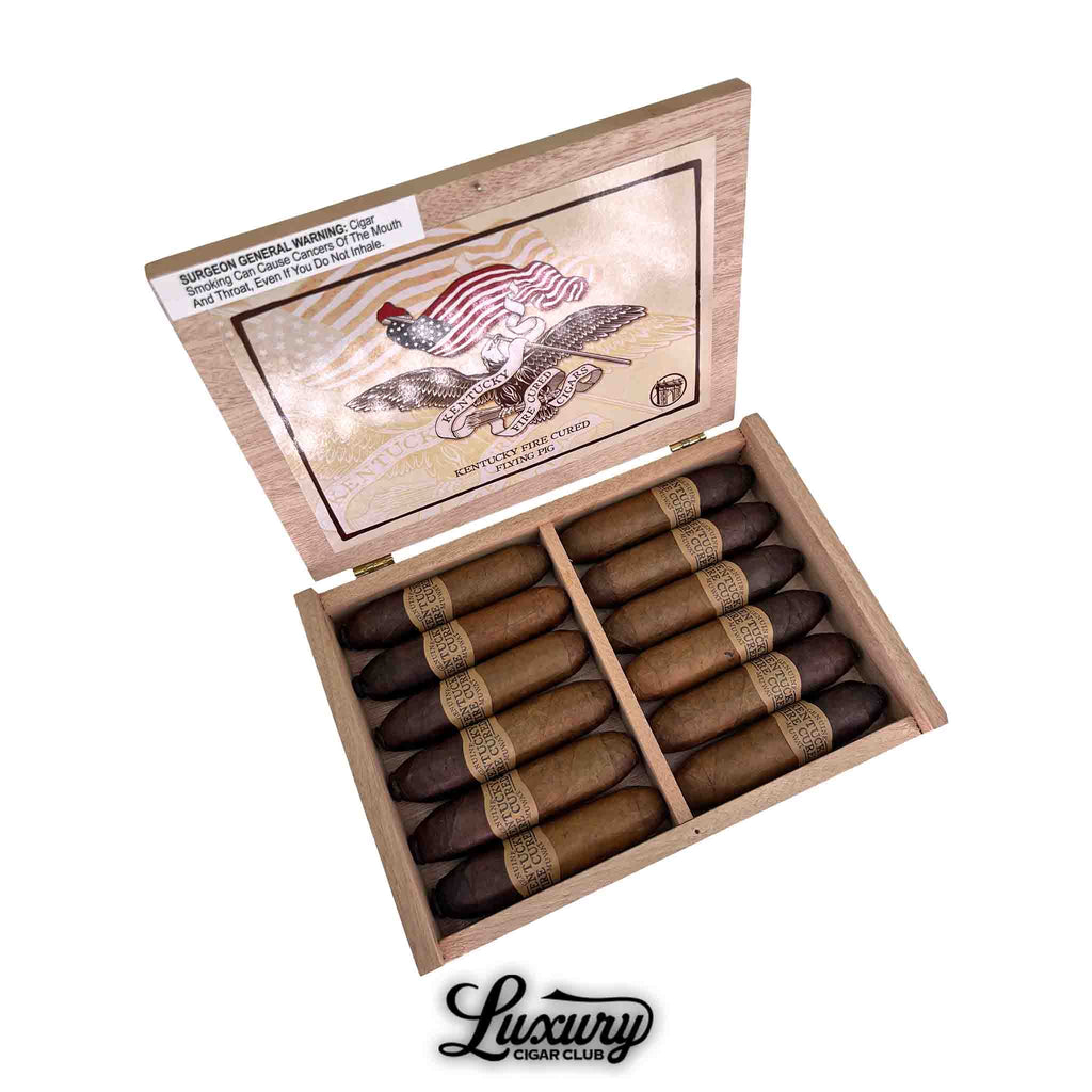 Drew Estate Kentucky Fire Cured Flying Pig box of cigars featuring bold, smoky craftsmanship and rustic presentation, available from Luxury Cigar Club.
