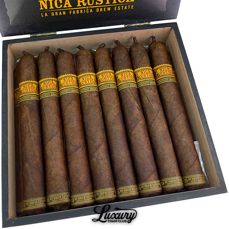 Close up showing Drew Estate Nica Rustica Connecticut Broadleaf El Brujito sticks rustic dark leaf tapered cap and yellow branding Luxury Cigar Club