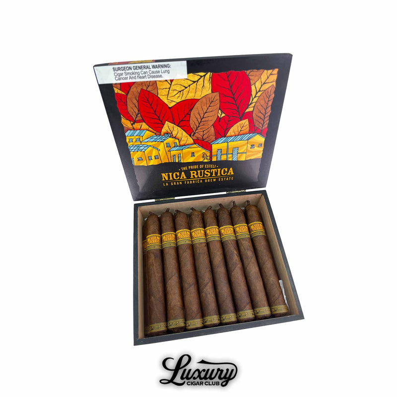 Drew Estate Nica Rustica Connecticut Broadleaf El Brujito cigars inside open box the pride of Esteli cigar lineup luxury cigar club packaging