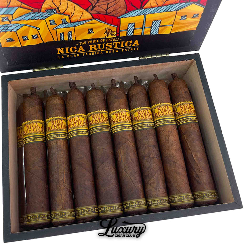 Close up of Drew Estate Nica Rustica Connecticut Broadleaf Short Robusto cigars with rustic dark wrappers and bold yellow branding Luxury Cigar Club