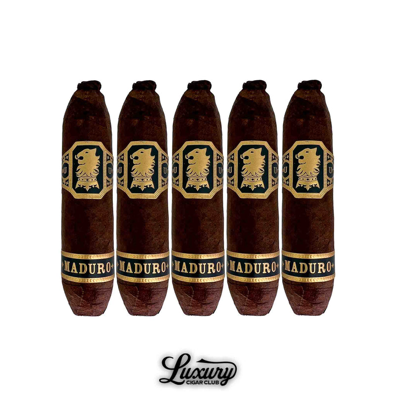 Five-pack of Drew Estate Undercrown Maduro Flying Pig cigars, emphasizing their signature dark Maduro leaf and luxurious band design, available at Luxury Cigar Club.
