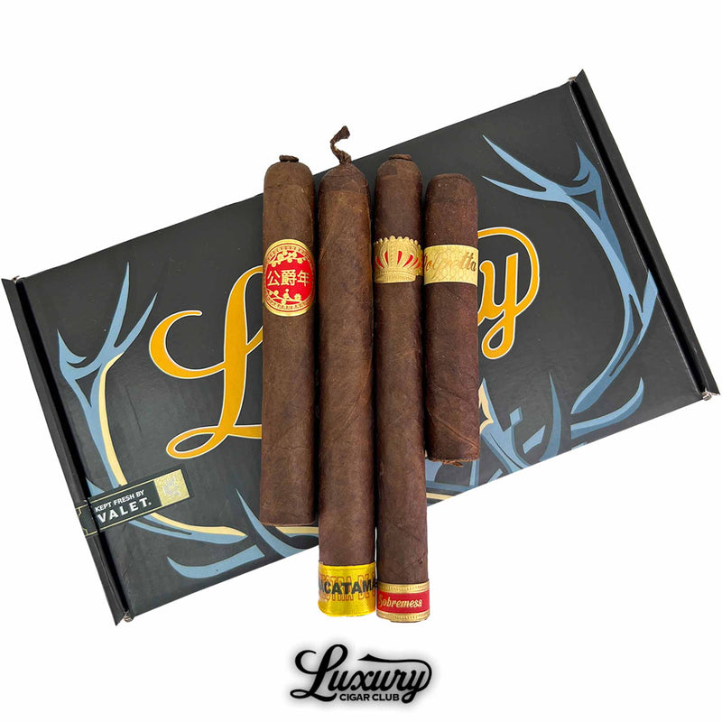 Close-up of Dunbarton Tobacco & Trust Duque 7th Anniversary Sampler showcasing four luxury cigars on Luxury Cigar Club packaging.