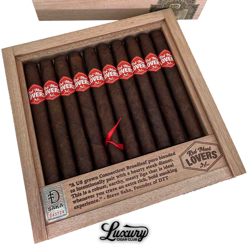Close-up of Dunbarton Tobacco & Trust Red Meat Lovers Beef Stick cigars in open wooden box with red bands and engraved brand details, Luxury Cigar Club logo