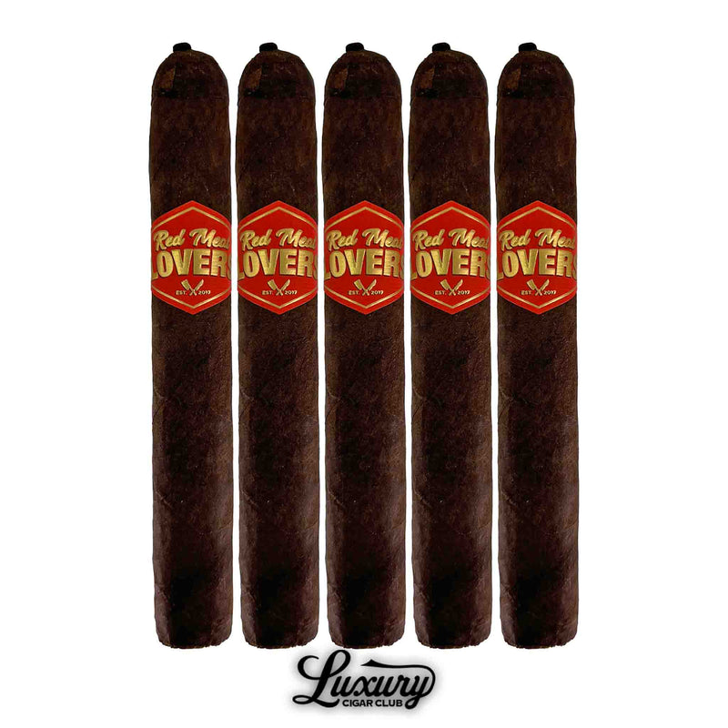 Five-Pack of Dunbarton Tobacco & Trust Red Meat Lovers Fritanga Cigars with Luxury Cigar Club Logo. Lineup of five dark-wrapped Red Meat Lovers Fritanga cigars with red-and-gold bands, presented with the Luxury Cigar Club logo.