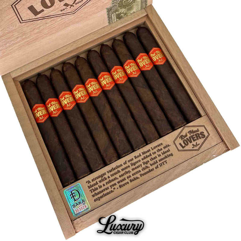 Close-Up of Dunbarton Tobacco & Trust Red Meat Lovers Fritanga Cigars with Luxury Cigar Club Logo. Detailed view of Red Meat Lovers Fritanga cigars in a wooden box, showing rich Maduro wrappers and vibrant red bands, Luxury Cigar Club logo underneath.
