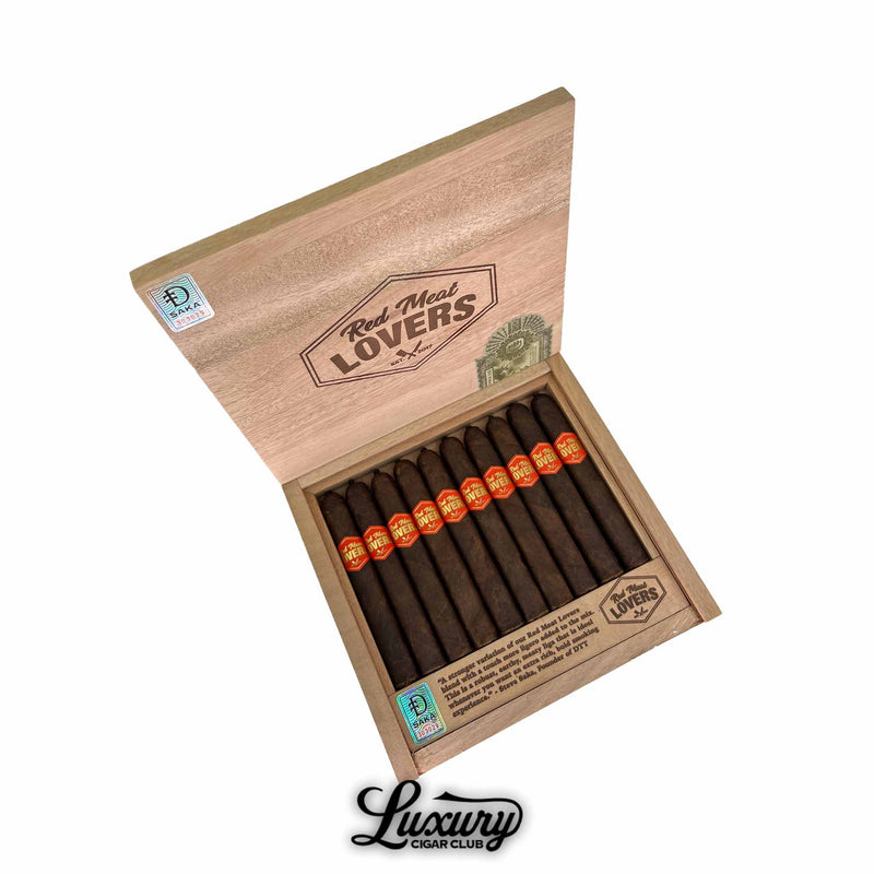 Dunbarton Tobacco & Trust Red Meat Lovers Fritanga Cigars Box with Luxury Cigar Club Logo. Open cedar box of Red Meat Lovers Fritanga cigars, each with a dark wrapper and bold red-and-gold band, displayed with the Luxury Cigar Club logo beneath.