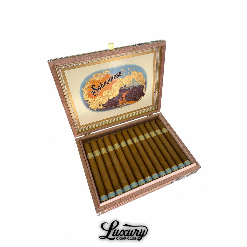 Dunbarton Tobacco & Trust Sobremesa Brûlée Blue cigars neatly arranged in a decorative wooden box, available at Luxury Cigar Club.