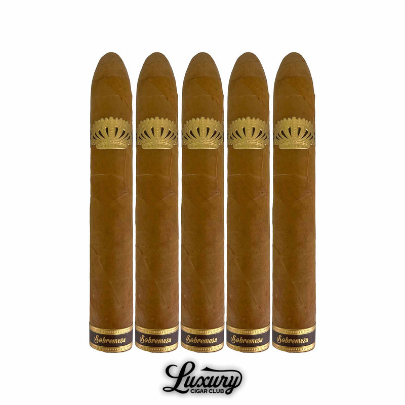 Five Dunbarton Tobacco & Trust Sobremesa Brûlée Gordo cigars displayed in a row, highlighting smooth Connecticut Shade wrappers and regal gold bands. Luxury Cigar Club logo below.