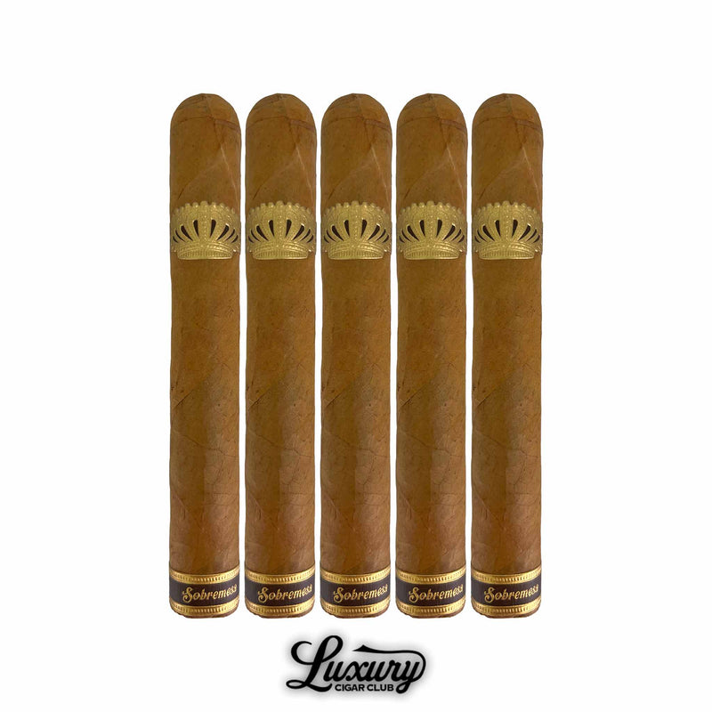 Five Dunbarton Tobacco & Trust Sobremesa Brûlée Toro cigars lined up on a white background, showcasing golden Connecticut Shade wrappers and gold-embossed bands. Luxury Cigar Club logo below.