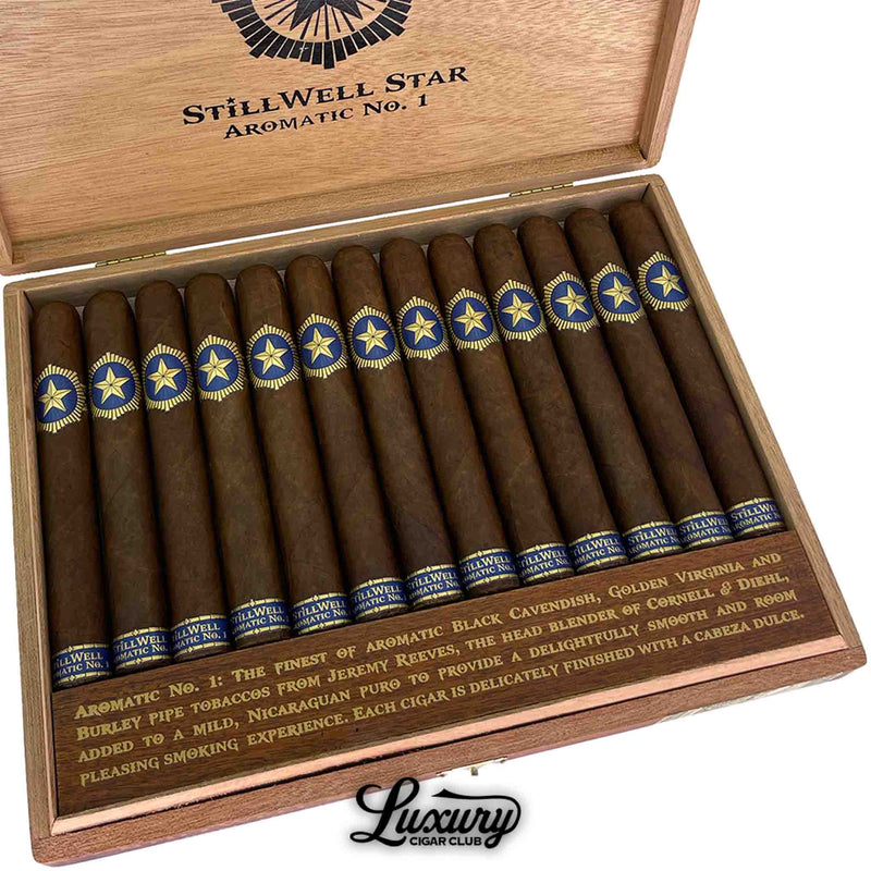 Close up of Dunbarton Tobacco and Trust StillWell Star Aromatic No 1 cigars in a wooden box at Luxury Cigar Club