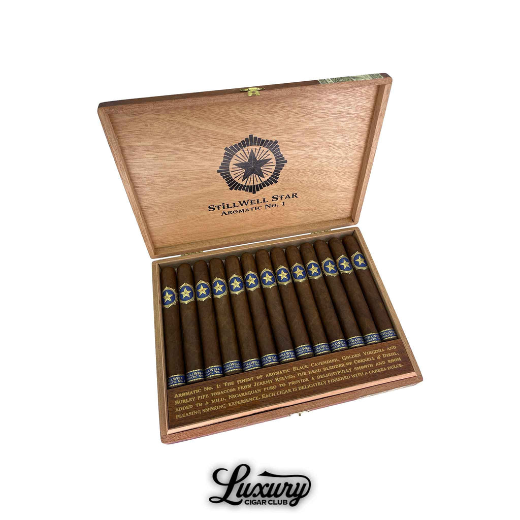 Open box of Dunbarton Tobacco and Trust StillWell Star Aromatic No 1 cigars with blue and gold bands displayed at Luxury Cigar Club