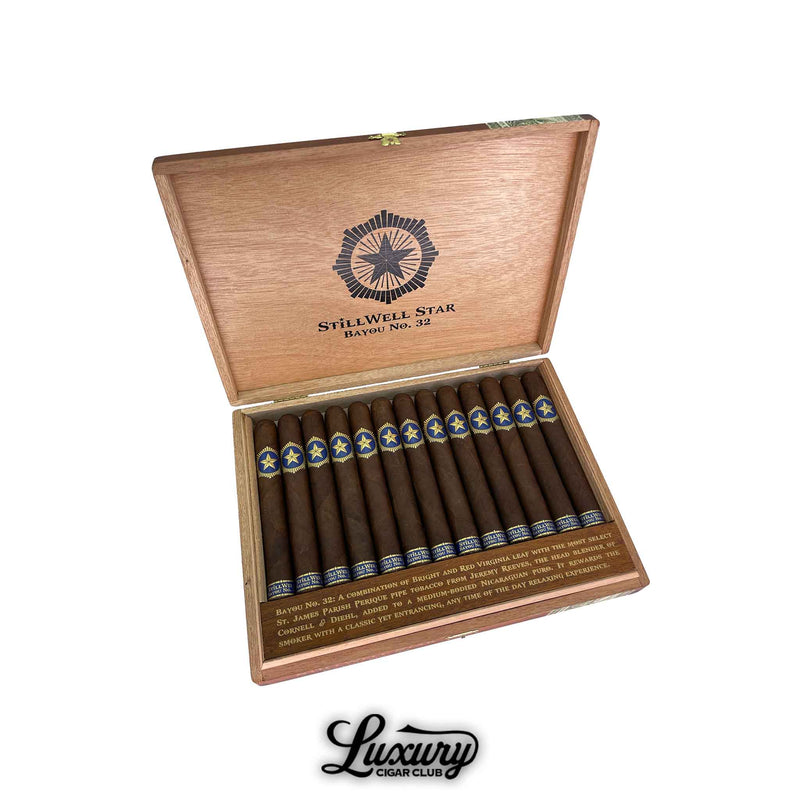 Open box of Dunbarton Tobacco and Trust StillWell Star Bayou No 32 cigars with blue and gold star bands at Luxury Cigar Club