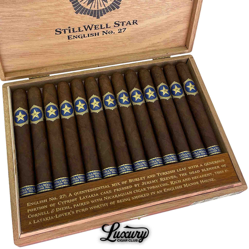 Close up of Dunbarton Tobacco and Trust StillWell Star English No 27 cigars neatly arranged in a wooden box at Luxury Cigar Club