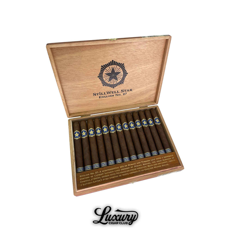 Open box of Dunbarton Tobacco and Trust StillWell Star English No 27 cigars with detailed blue and gold bands at Luxury Cigar Club