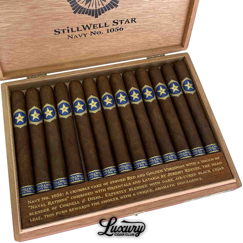 Close up of Dunbarton Tobacco and Trust StillWell Star Navy No 1056 cigars inside cedar lined box at Luxury Cigar Club
