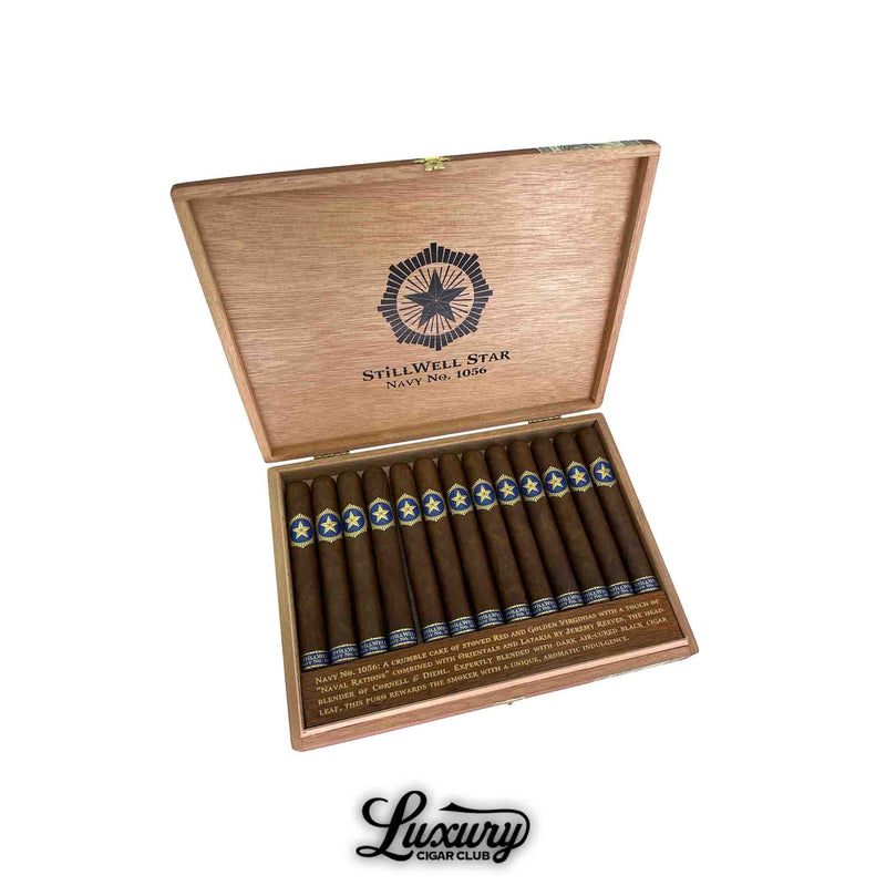 Open box of Dunbarton Tobacco and Trust StillWell Star Navy No 1056 cigars with bold blue and gold bands at Luxury Cigar Club
