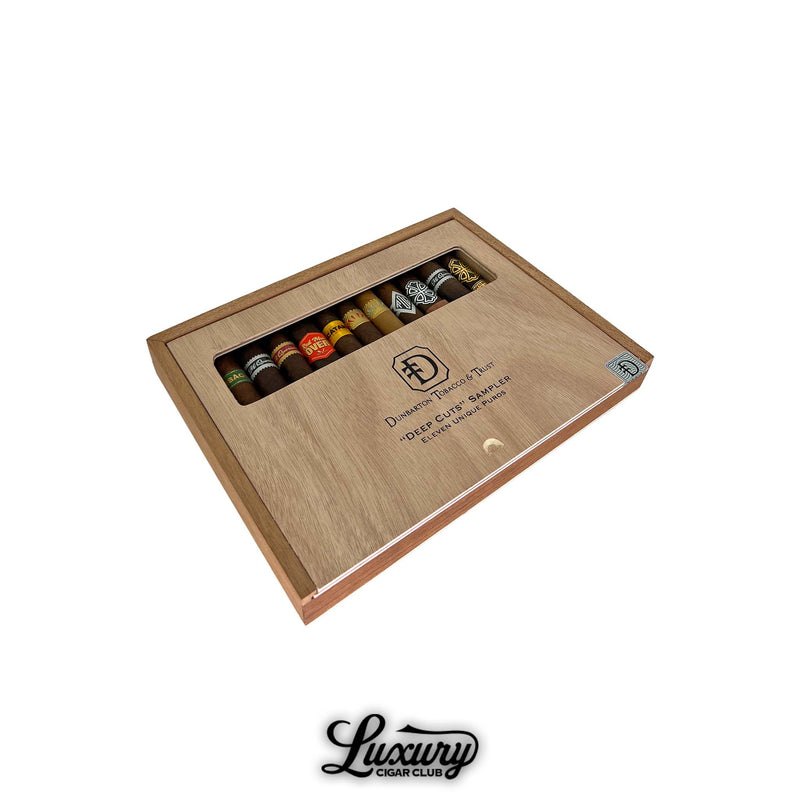Closed wooden box of the Dunbarton Tobacco and Trust Deep Cuts Sampler with viewing window showing eleven cigars.