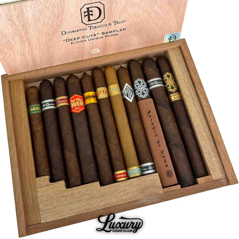 Close-up of Dunbarton Tobacco and Trust Deep Cuts Sampler showing eleven cigars in assorted vitolas and bands.