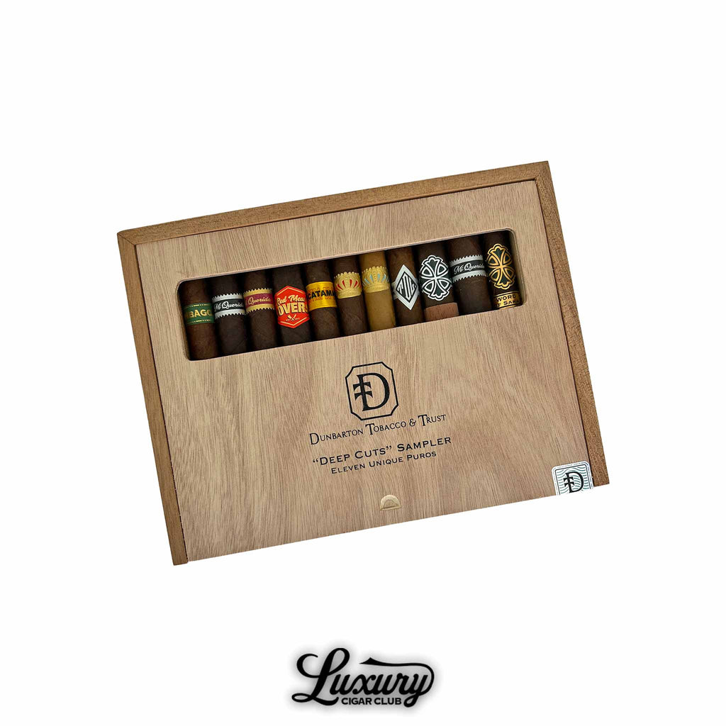 Dunbarton Tobacco and Trust Deep Cuts Sampler box with eleven unique cigar puros displayed in a wooden presentation case.