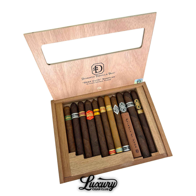 Open Dunbarton Tobacco and Trust Deep Cuts Sampler box highlighting the full selection of eleven cigars.