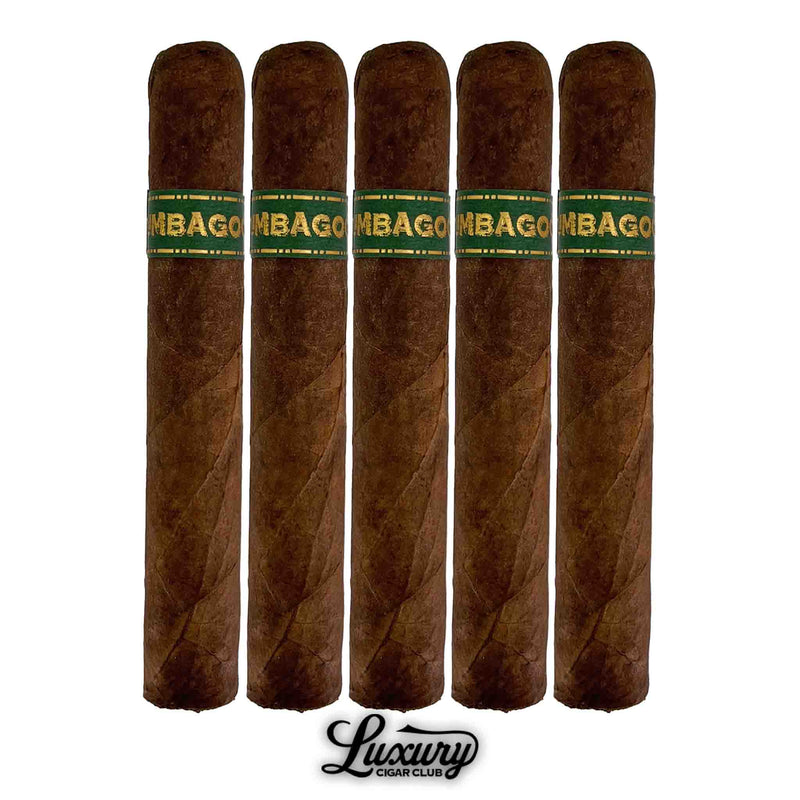 Five Dunbarton Tobacco & Trust Umbagog Bronzeback Rothschild cigars in dark brown broadleaf wrapper with green and gold bands, displayed front-facing with Luxury Cigar Club logo.