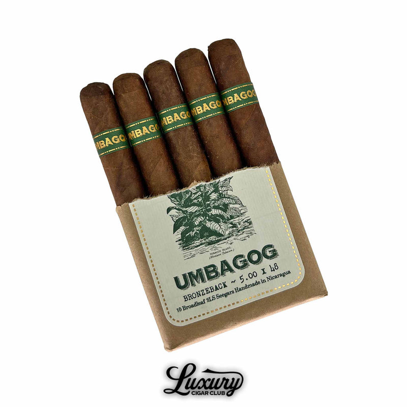 Dunbarton Tobacco & Trust Umbagog Bronzeback Rothschild closed pack with illustrated tobacco plant label and Luxury Cigar Club logo.