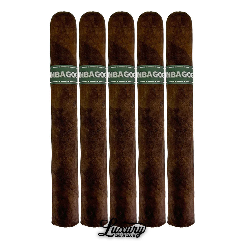 Dunbarton Tobacco & Trust Umbagog Corona Gorda Cigars 5-Pack. Row of five dark brown Umbagog Corona Gorda cigars with green and gold bands, displayed vertically on a white background with Luxury Cigar Club logo.