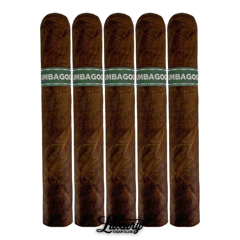 Dunbarton Tobacco & Trust Umbagog Gordo Gordo cigars close-up. Row of five Umbagog Gordo Gordo cigars with dark brown wrappers and green and white bands, displayed vertically with Luxury Cigar Club logo.