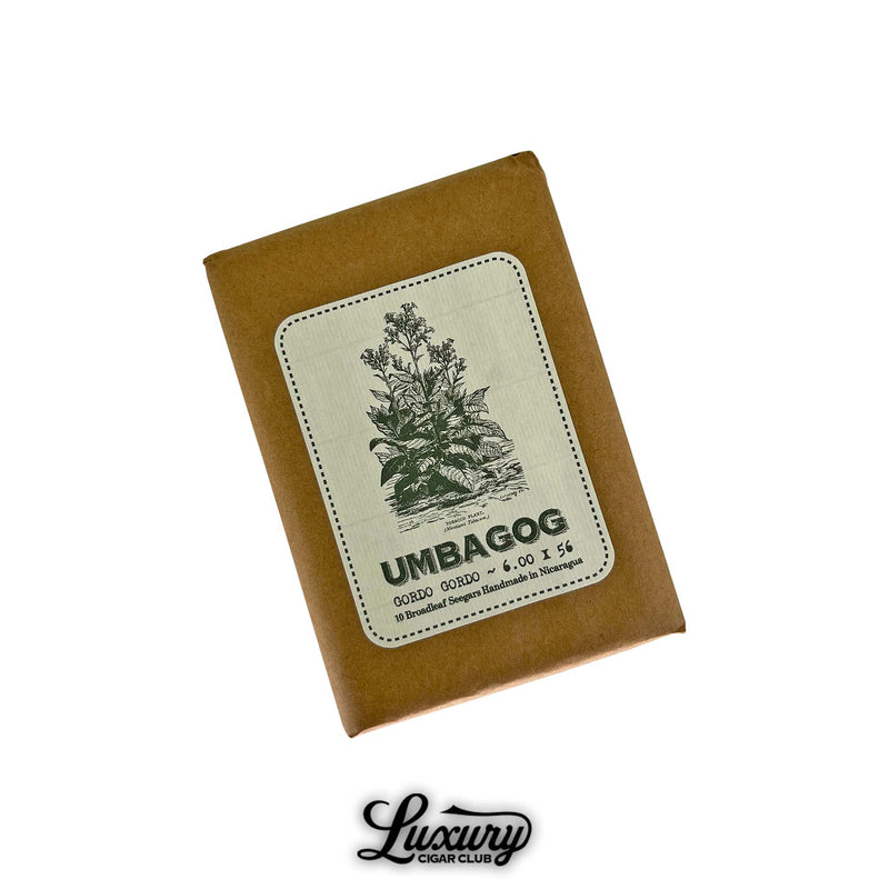 Dunbarton Tobacco & Trust Umbagog Gordo Gordo pack. Brown paper-wrapped 10-count bundle of Umbagog Gordo Gordo cigars with green and white label featuring tobacco plant illustration.