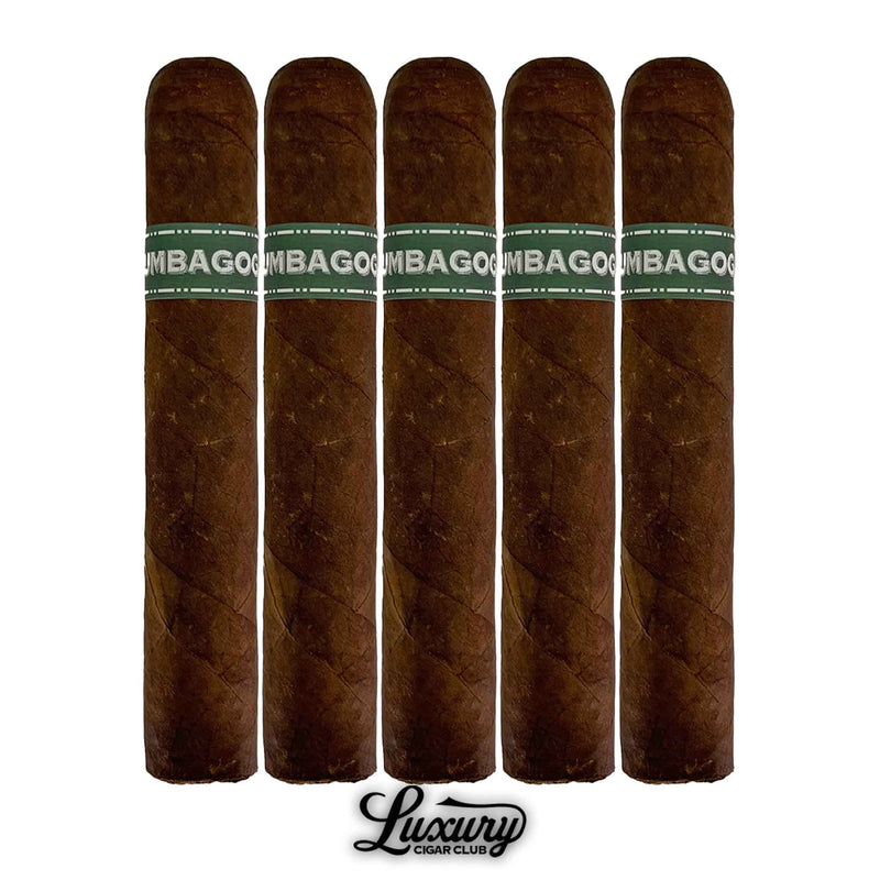 Dunbarton Tobacco & Trust Umbagog Robusto Plus 5-pack with Luxury Cigar Club logo. Five dark brown robusto cigars with green and white Umbagog bands, arranged vertically in a row above the Luxury Cigar Club branding.