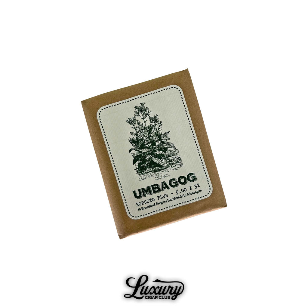Dunbarton Tobacco & Trust Umbagog Robusto Plus pack with Luxury Cigar Club logo. Brown paper bundle of 10 Robusto Plus cigars with green and white Umbagog label, featuring illustrated tobacco plant artwork and Luxury Cigar Club branding.