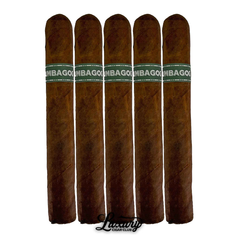 Five-pack of Umbagog Toro Toro cigars with brown wrappers and green bands, Luxury Cigar Club logo at bottom.
