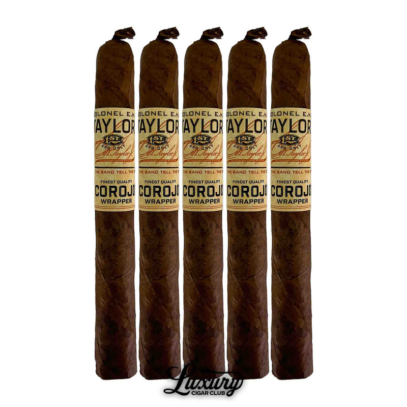 Five E.H. Taylor Corojo Corona cigars in a row, each with Corojo wrapper and signature branded band, shown against a white background.