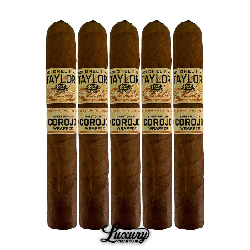Five Colonel E.H. Taylor Corojo Corona cigars with uniform Corojo wrapper and detailed branded bands, Luxury Cigar Club branding.