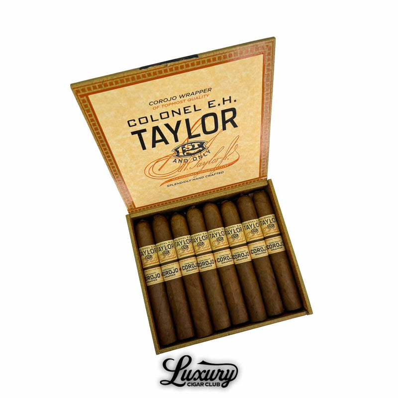Open box of Colonel E.H. Taylor Corojo Corona cigars with detailed vintage-style lid design and banded cigars neatly arranged, Luxury Cigar Club branding.