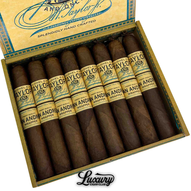 Close-up view of Colonel E.H. Taylor San Andres Robusto cigars arranged in a box, showcasing premium dark San Andrés wrappers and detailed vintage-style bands – Luxury Cigar Club.
