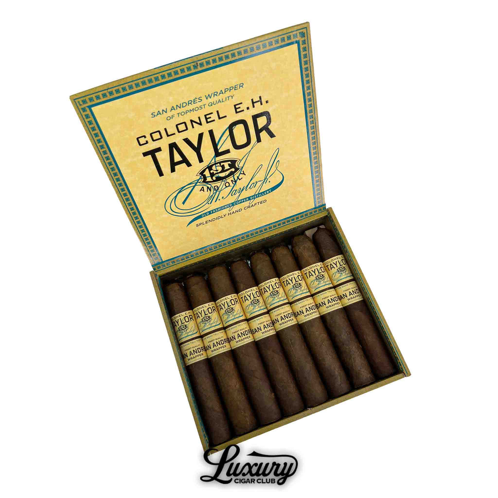 Box of Colonel E.H. Taylor San Andrés Toro Gordo cigars – handcrafted premium cigars with Mexican San Andrés wrapper, elegant yellow box design, available at Luxury Cigar Club