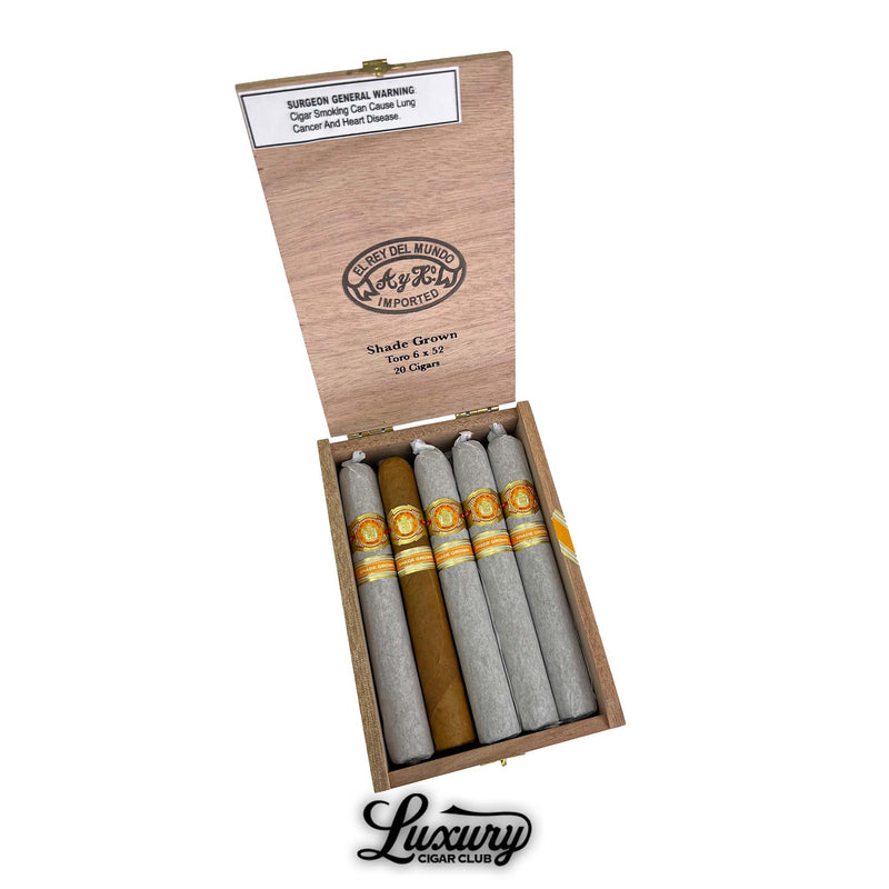 El Rey Del Mundo Shade Grown Toro box open from Luxury Cigar Club showing neatly arranged shade-grown cigars with cream and gold bands.