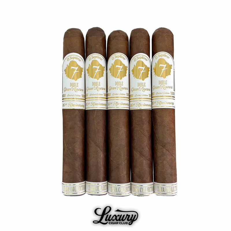 Close up of five El Septimo 20th Anniversary Doble Gran Reserva Toro cigars standing upright showing white and gold Zaya Collection bands with Luxury Cigar Club branding below.
