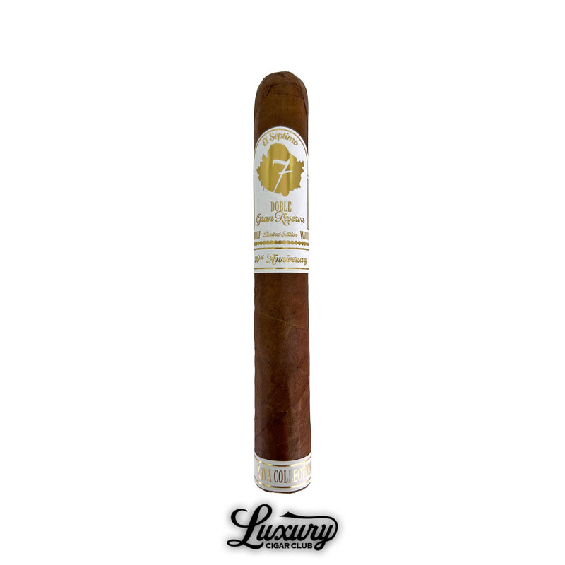 Single El Septimo 20th Anniversary Doble Gran Reserva Toro cigar standing upright against a white background emphasizing the premium brown wrapper and gold and white limited edition band from Luxury Cigar Club