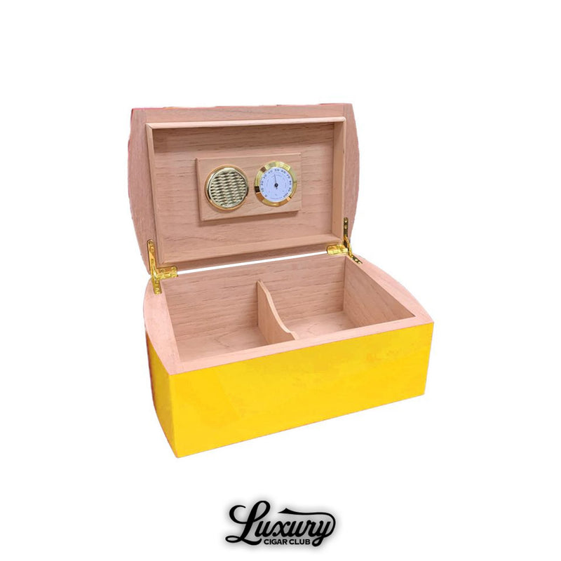 Open El Septimo 50 Count Amarillo Yellow Acrylic Humidor with divider and hygrometer at Luxury Cigar Club.