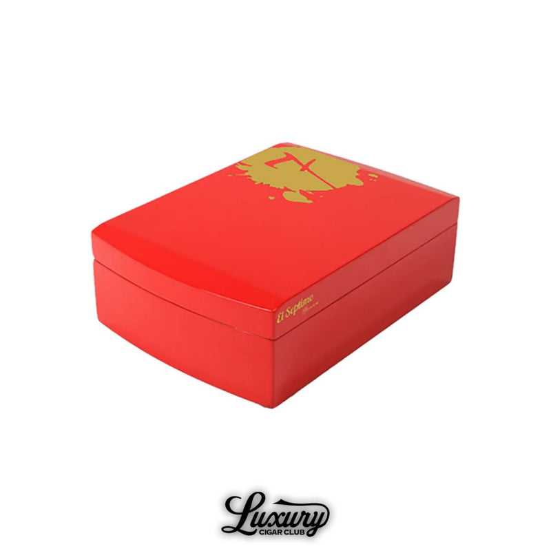 El Septimo 50 Count Ruby Red Acrylic Humidor with gold logo available at Luxury Cigar Club.