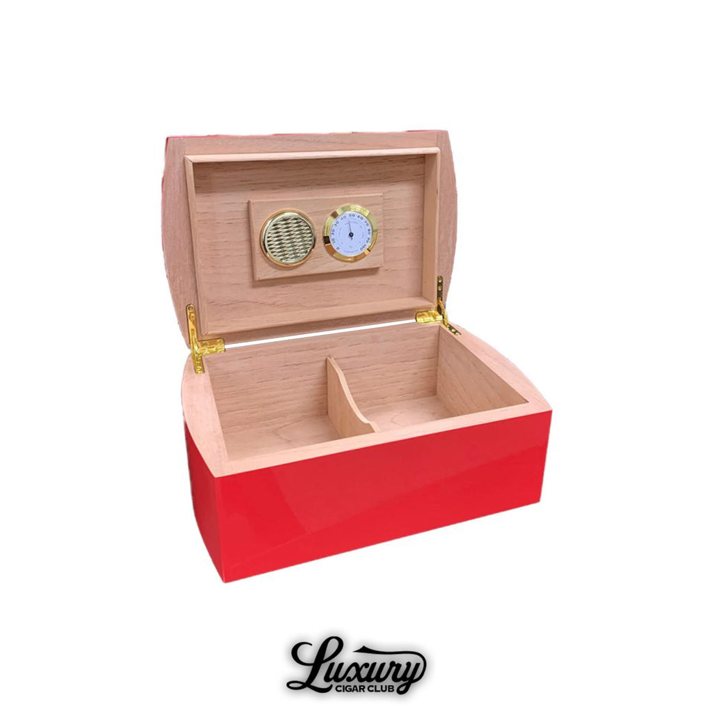 Open El Septimo 50 Count Ruby Red Acrylic Humidor showing divider and hygrometer from Luxury Cigar Club.