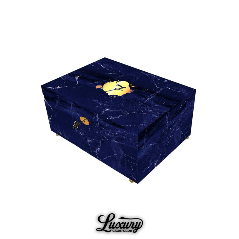 El Septimo 60 Count Marble Humidor in blue finish with gold logo displayed by Luxury Cigar Club.