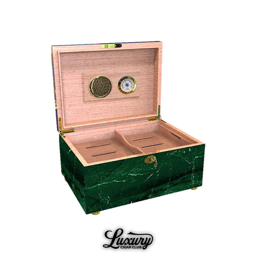 El Septimo 60 Count Marble Humidor in green finish with open view showing interior compartments at Luxury Cigar Club.
