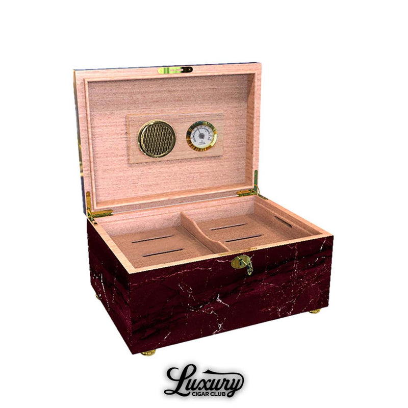 El Septimo 60 Count Marble Humidor in red finish with open view and gold accents available at Luxury Cigar Club.